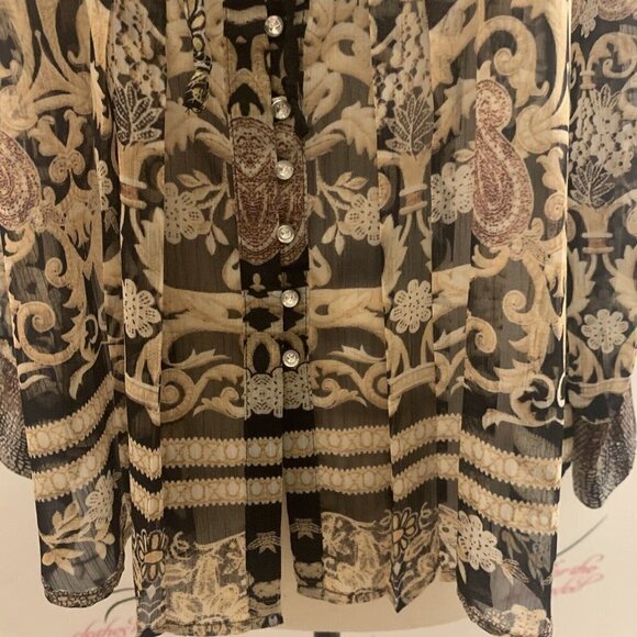 V Cristina. Sz Small. Pleated Border Print Button Up Tunic. Semi Sheer. B43 - Picture 7 of 8